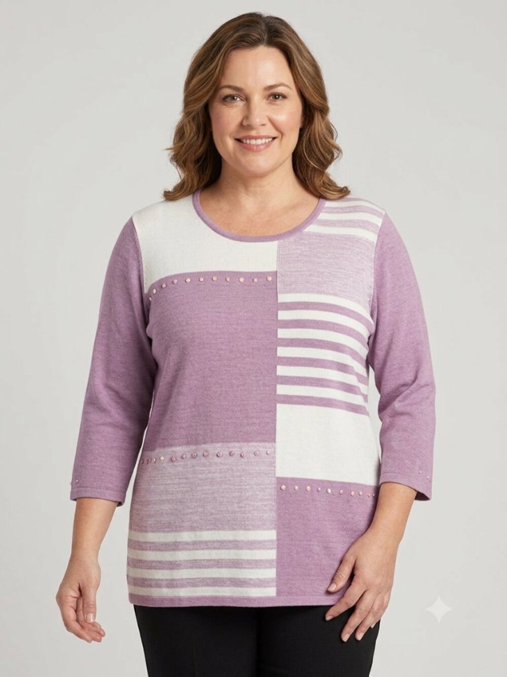 Alfred Dunner Women's Pink Stripe Colorblock Knit Sweater Top Beaded Size 1X
